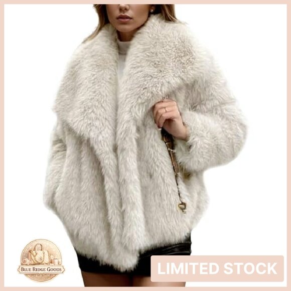 Faux Fur Coat Lapel Open Front Fluffy Shaggy Jacket Winter Warm Overcoat - Picture 2 of 8